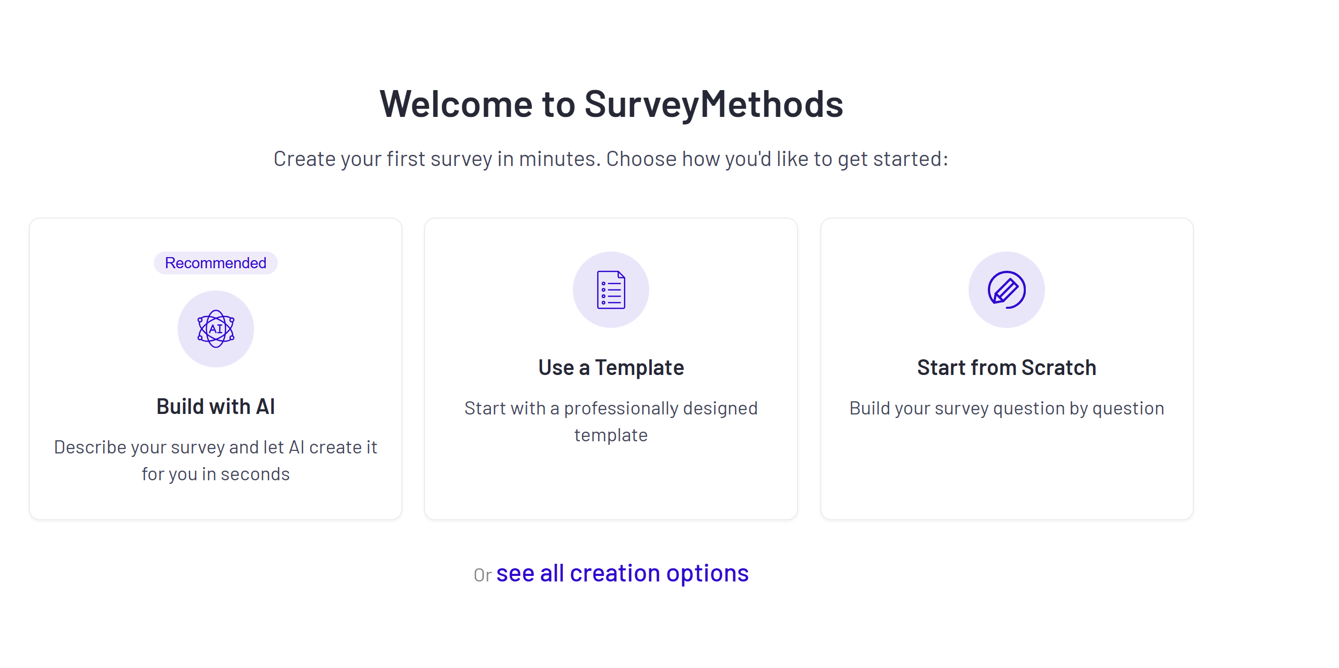 Survey Home dashboard showing the Create Survey button in the top right corner
