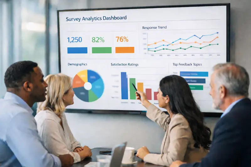 Team reviewing Survey Analytics Dashboard with charts and metrics